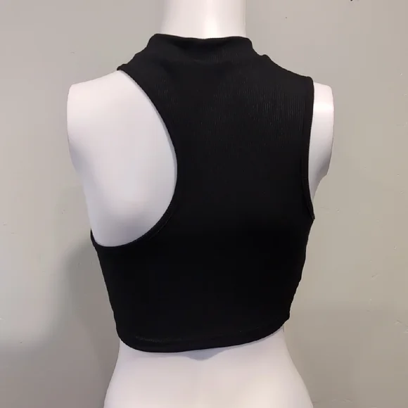 SHEIN Black Ribbed High Neck Asymmetric Sleeveless Crop Top Size Small - Picture 3 of 6
